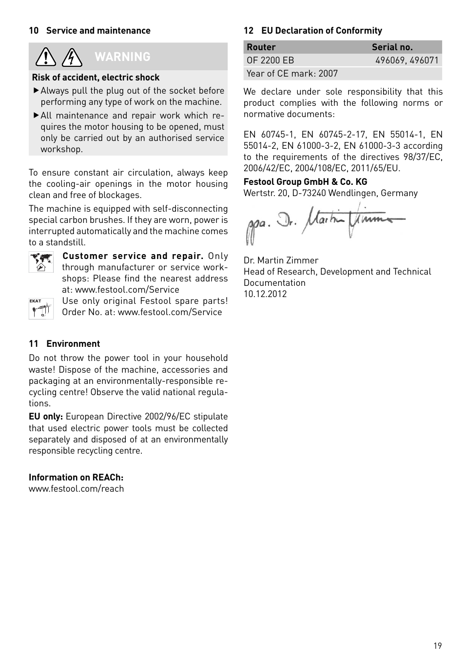 Warning | Festool OF 2200 EB User Manual | Page 19 / 116