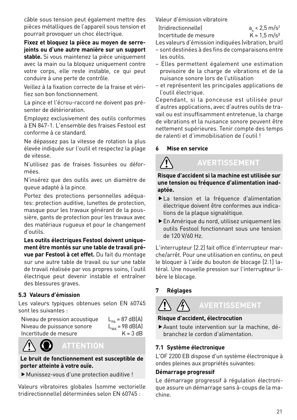 Attention, Avertissement | Festool OF 2200 EB User Manual | Page 21 / 116