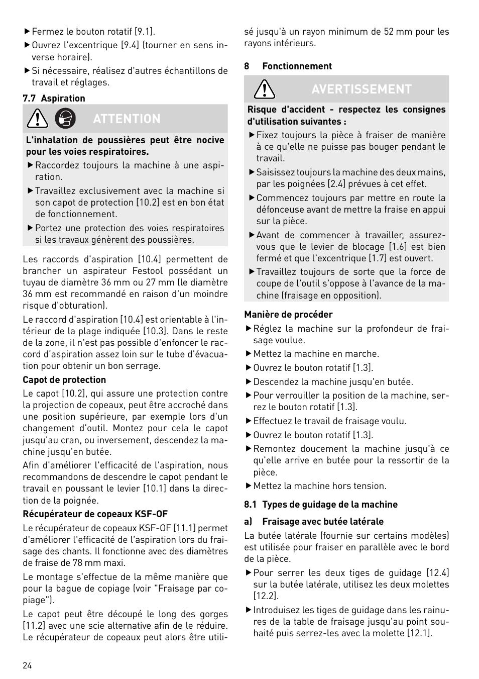 Attention, Avertissement | Festool OF 2200 EB User Manual | Page 24 / 116