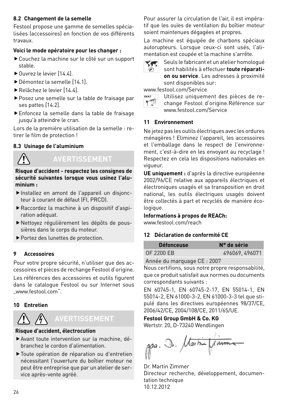 Avertissement | Festool OF 2200 EB User Manual | Page 26 / 116