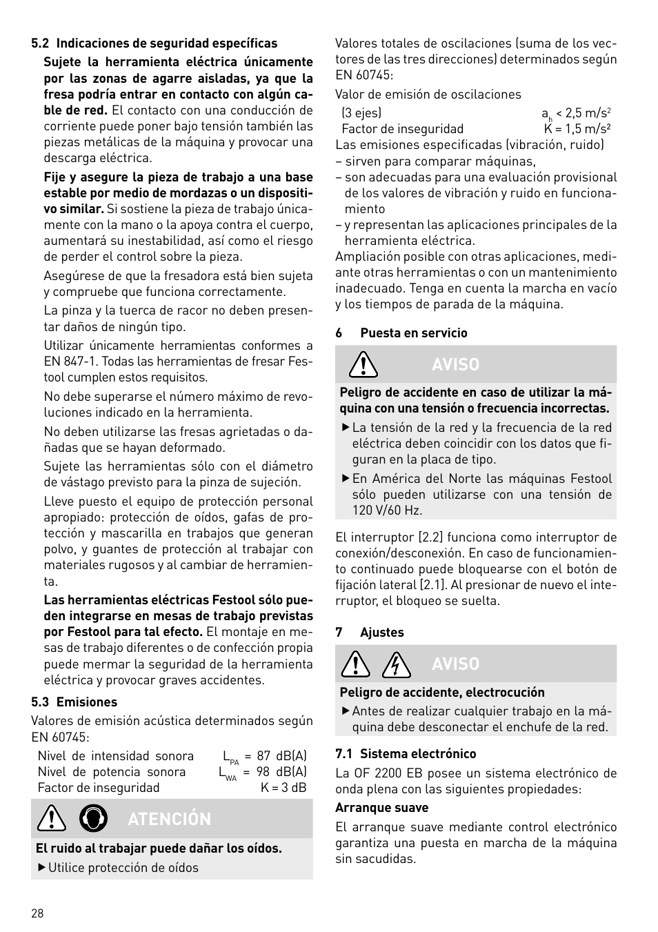 Atención, Aviso | Festool OF 2200 EB User Manual | Page 28 / 116