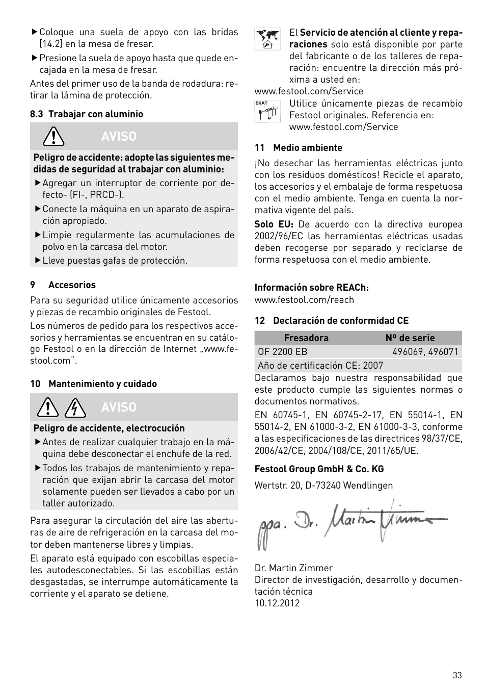 Aviso | Festool OF 2200 EB User Manual | Page 33 / 116