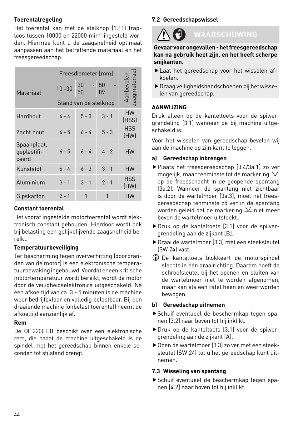 Waarschuwing | Festool OF 2200 EB User Manual | Page 44 / 116