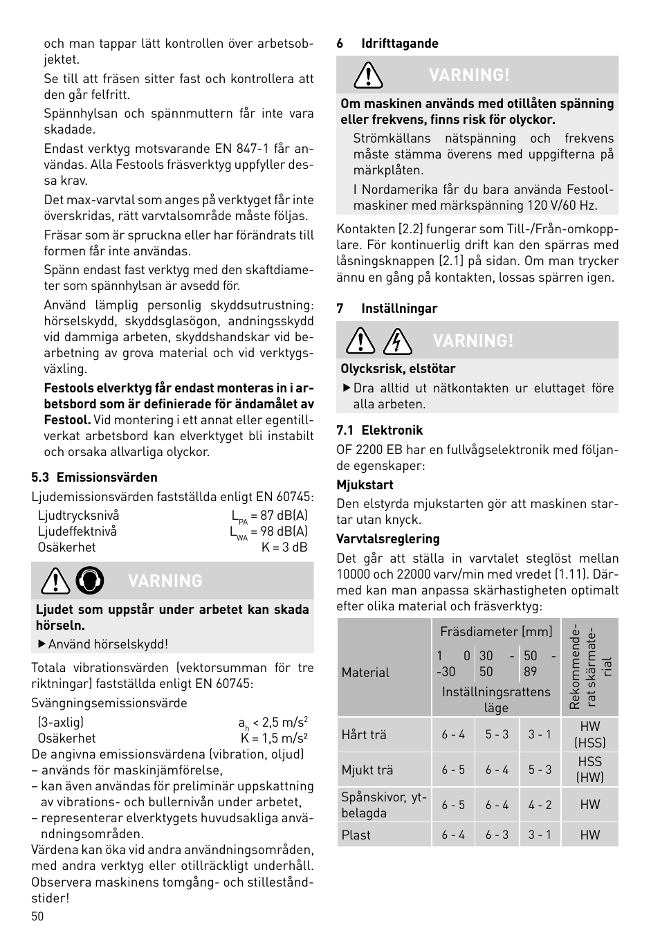 Varning | Festool OF 2200 EB User Manual | Page 50 / 116
