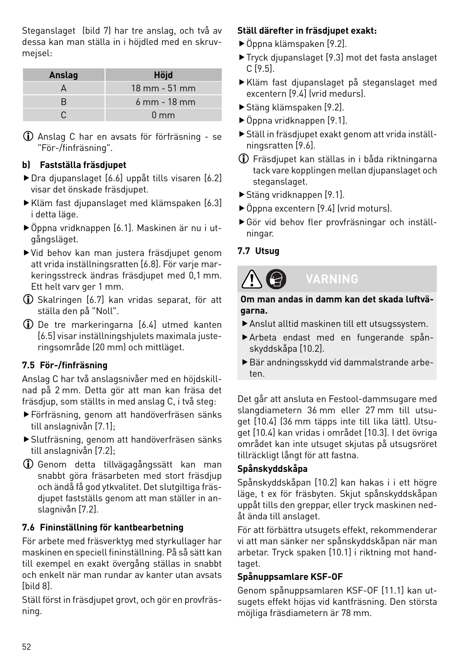 Varning | Festool OF 2200 EB User Manual | Page 52 / 116
