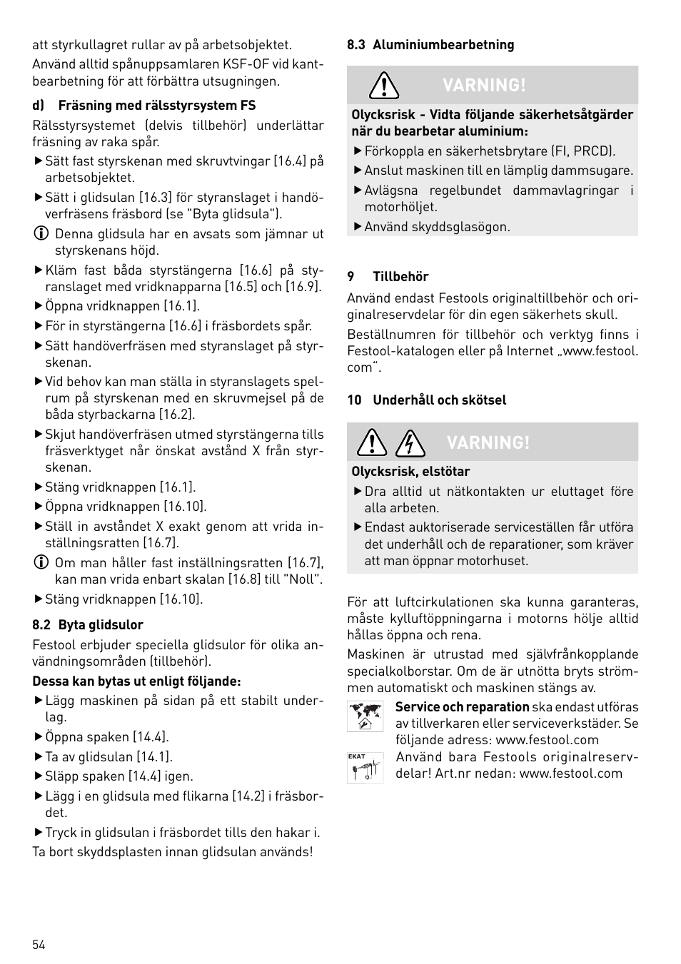 Varning | Festool OF 2200 EB User Manual | Page 54 / 116