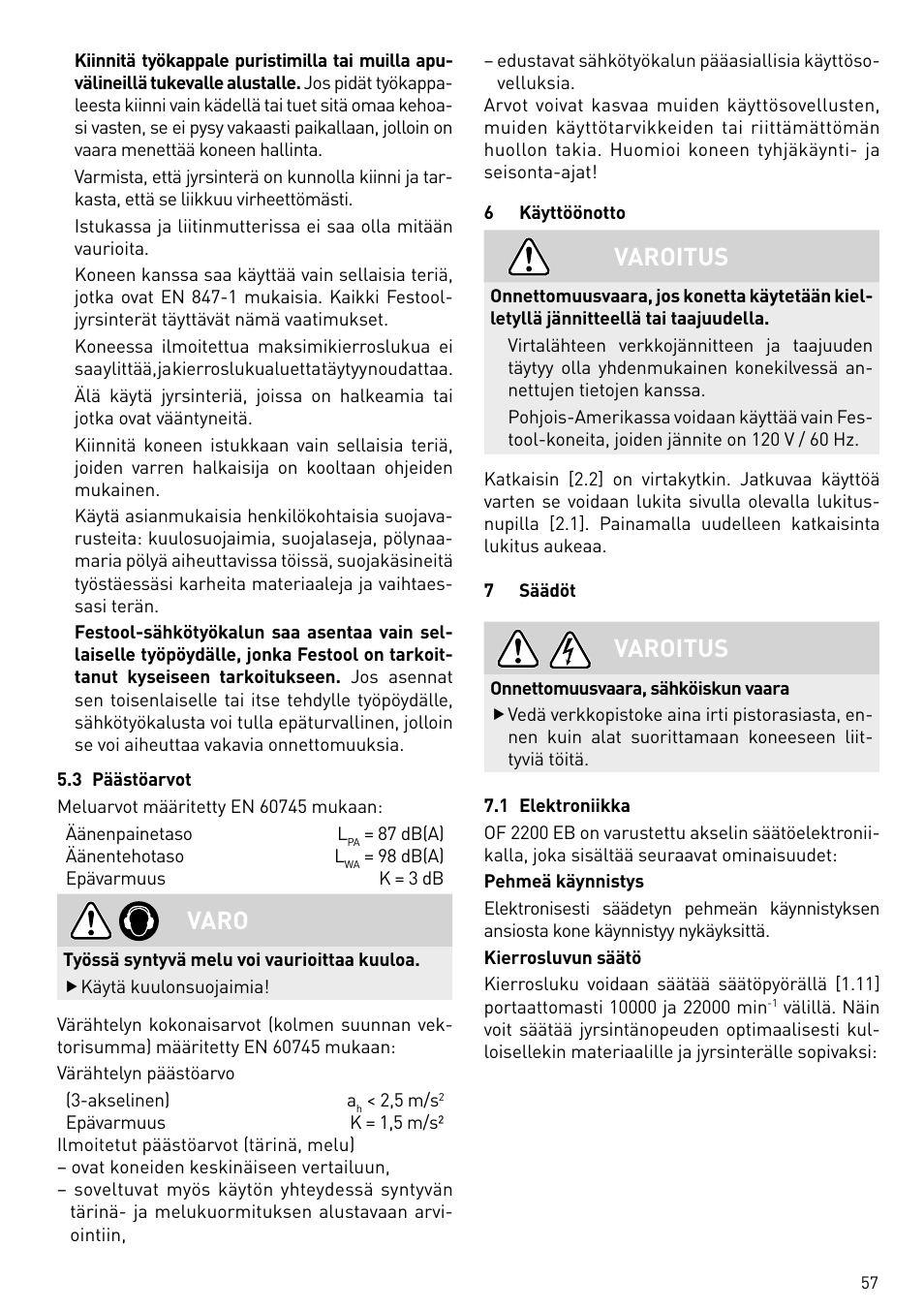 Varo, Varoitus | Festool OF 2200 EB User Manual | Page 57 / 116