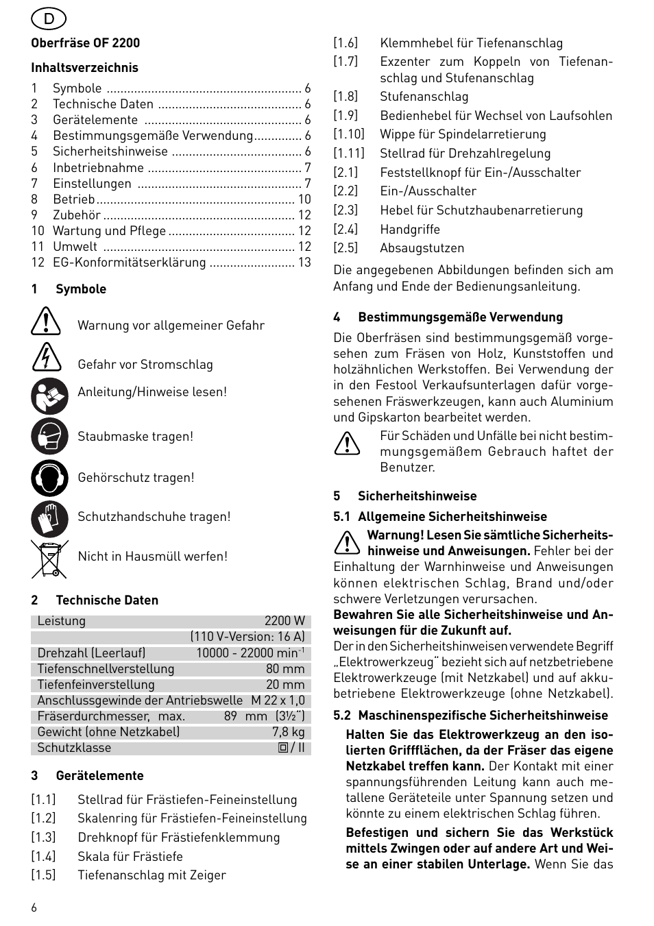Festool OF 2200 EB User Manual | Page 6 / 116