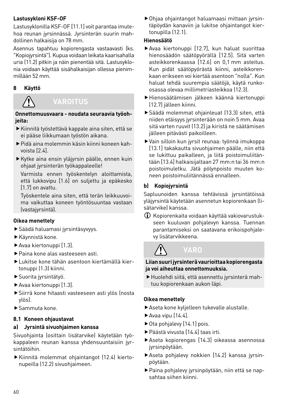 Varoitus, Varo | Festool OF 2200 EB User Manual | Page 60 / 116