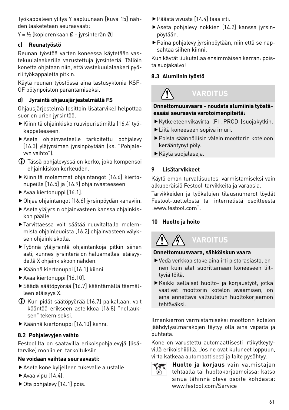 Varoitus | Festool OF 2200 EB User Manual | Page 61 / 116