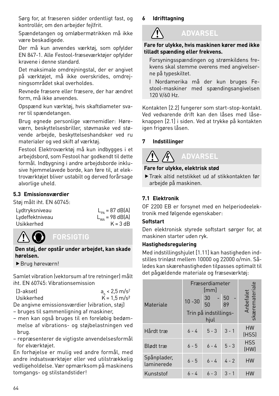 Forsigtig, Advarsel | Festool OF 2200 EB User Manual | Page 64 / 116