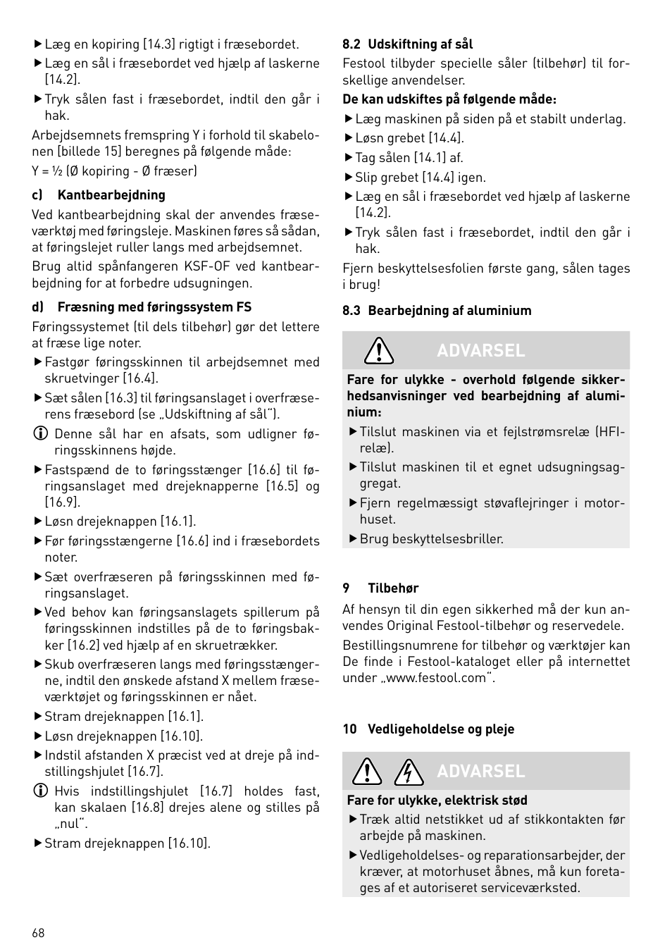 Advarsel | Festool OF 2200 EB User Manual | Page 68 / 116