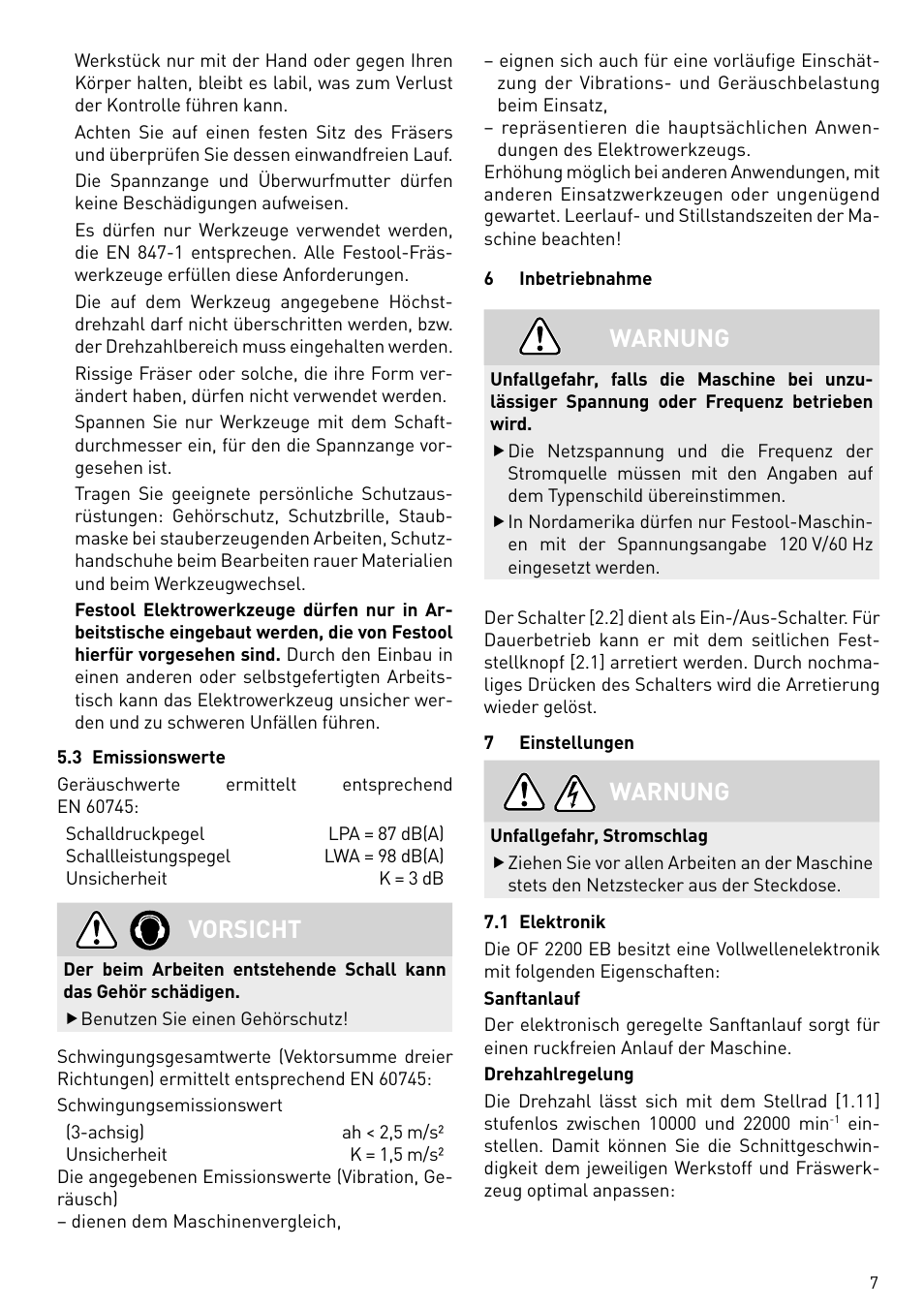 Vorsicht, Warnung | Festool OF 2200 EB User Manual | Page 7 / 116