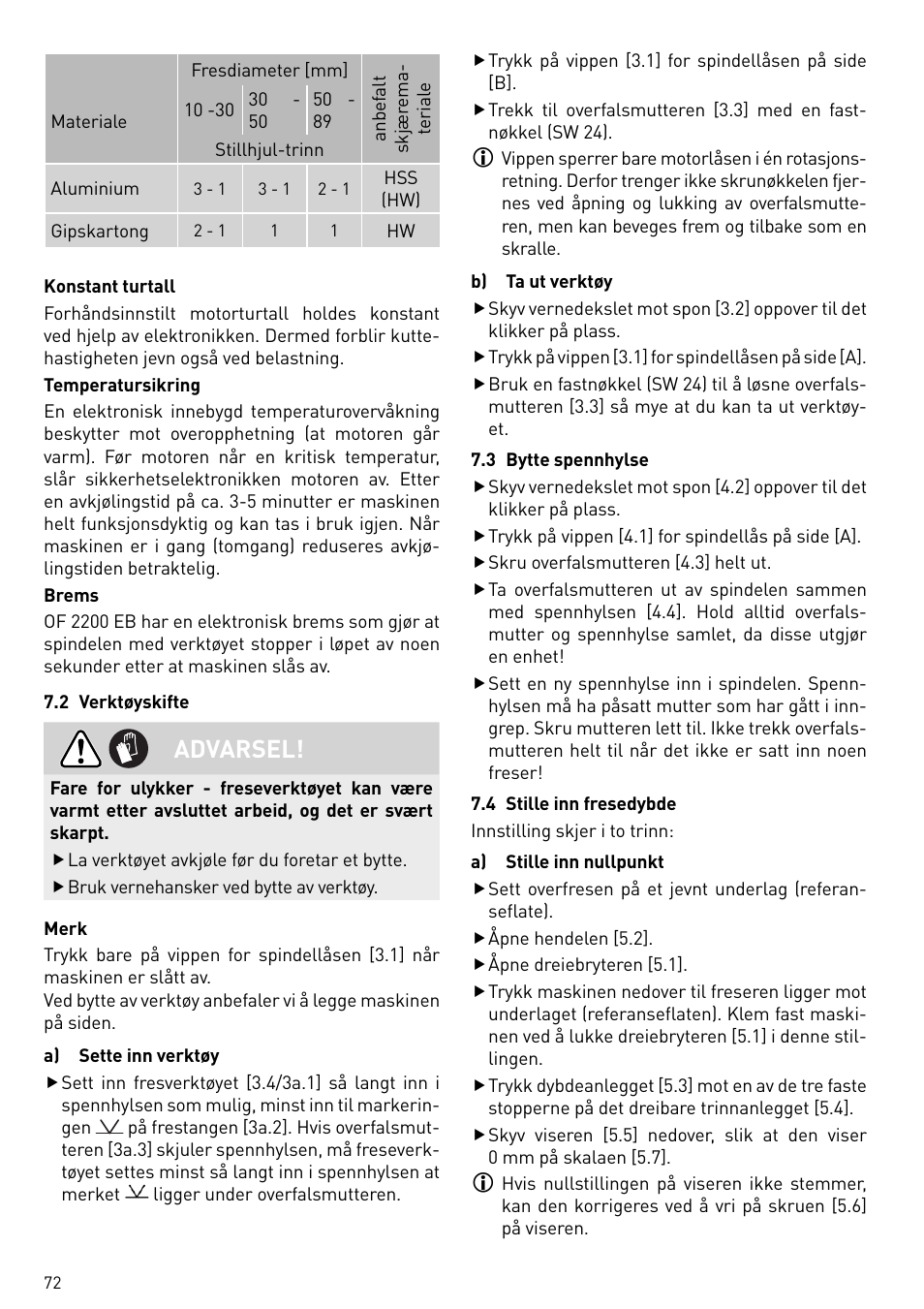 Advarsel | Festool OF 2200 EB User Manual | Page 72 / 116