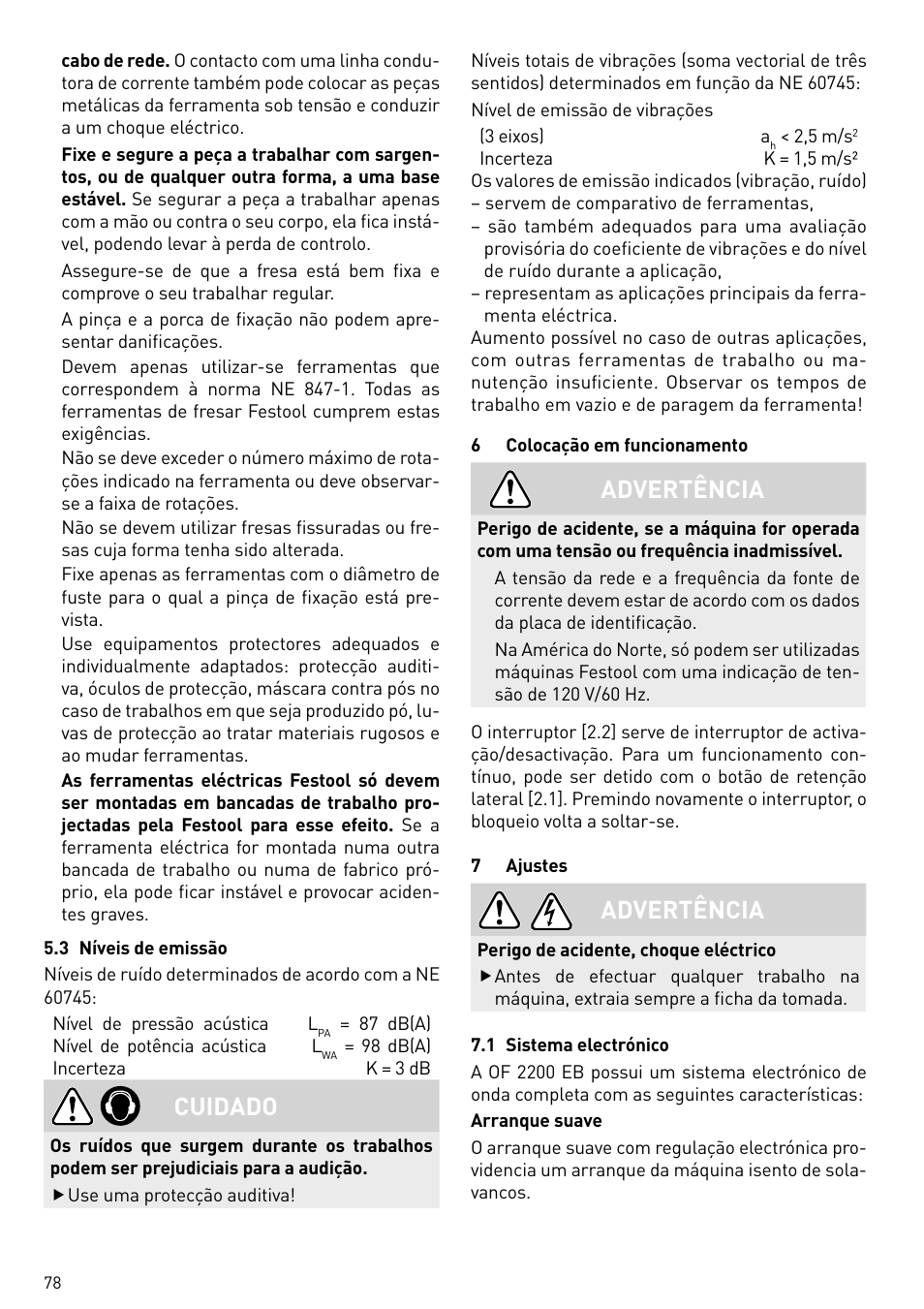 Cuidado, Advertência | Festool OF 2200 EB User Manual | Page 78 / 116