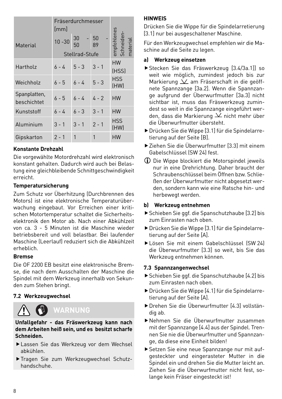 Warnung | Festool OF 2200 EB User Manual | Page 8 / 116