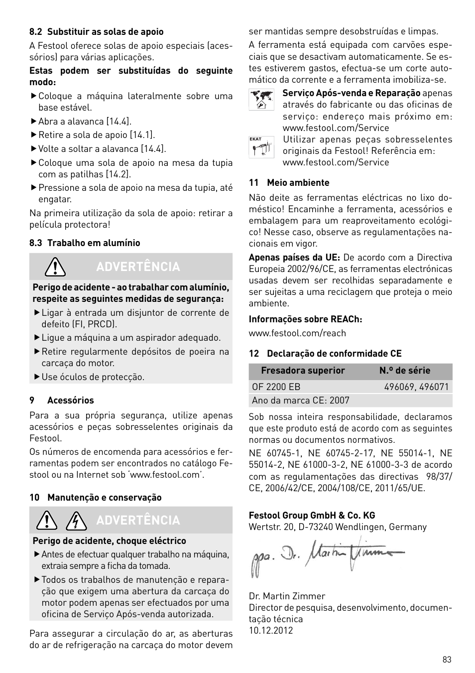 Advertência | Festool OF 2200 EB User Manual | Page 83 / 116