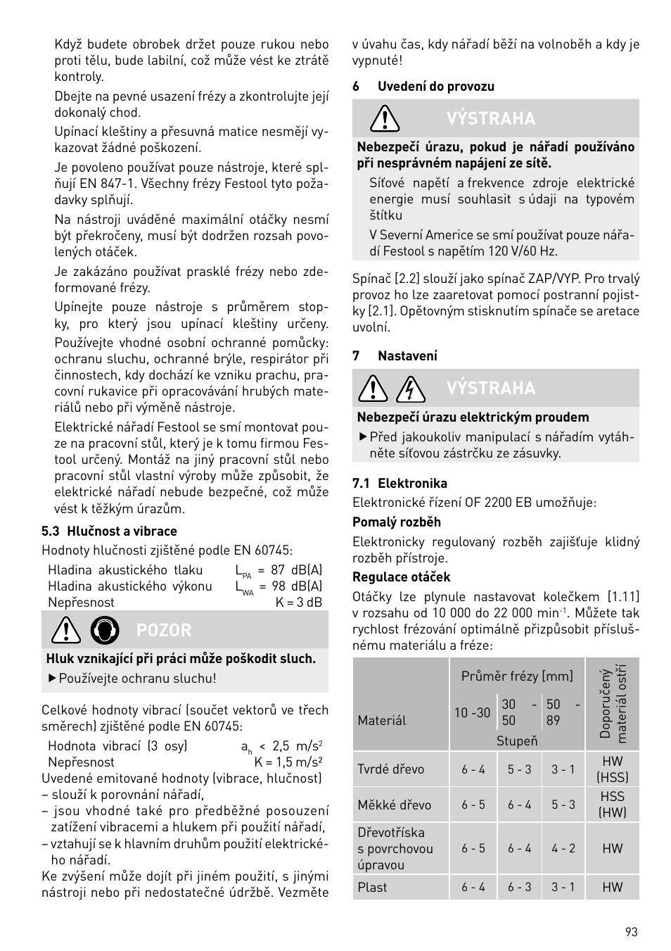 Pozor, Výstraha | Festool OF 2200 EB User Manual | Page 93 / 116
