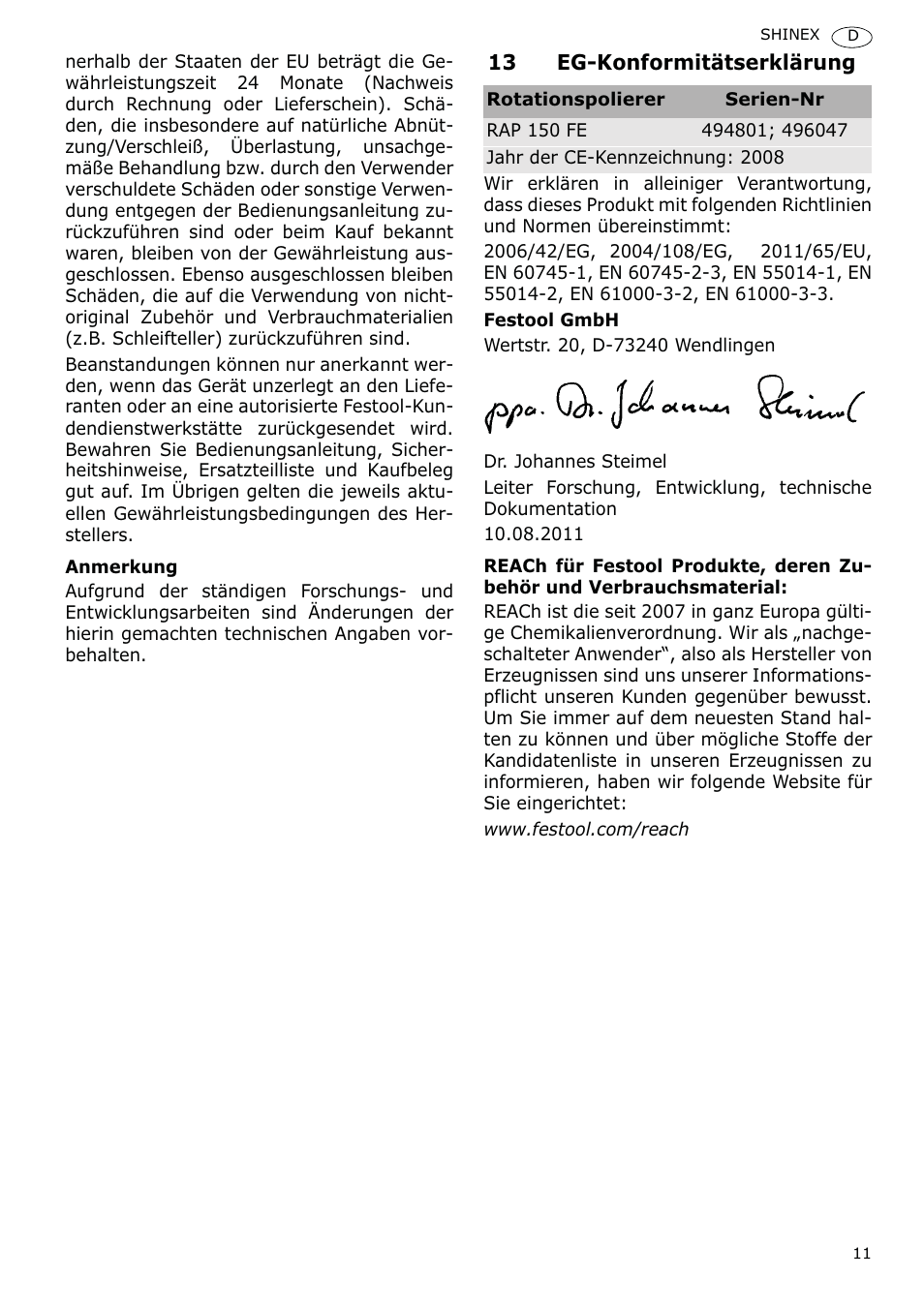 Festool SHINEX RAP 150 FE User Manual | Page 11 / 85