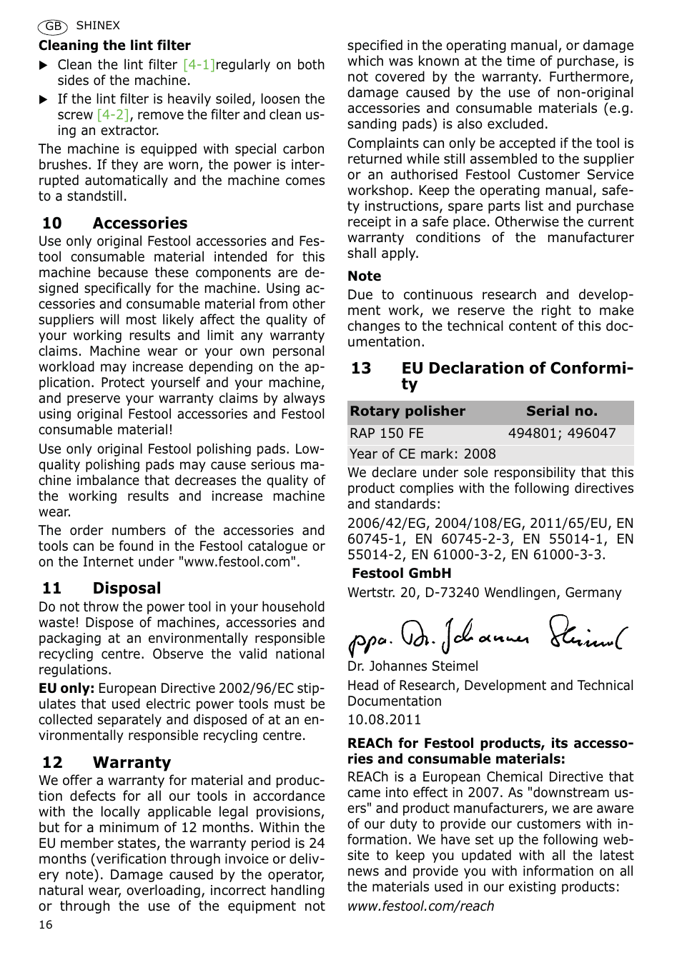 Festool SHINEX RAP 150 FE User Manual | Page 16 / 85