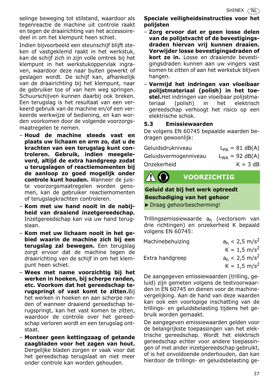 Voorzichtig | Festool SHINEX RAP 150 FE User Manual | Page 37 / 85