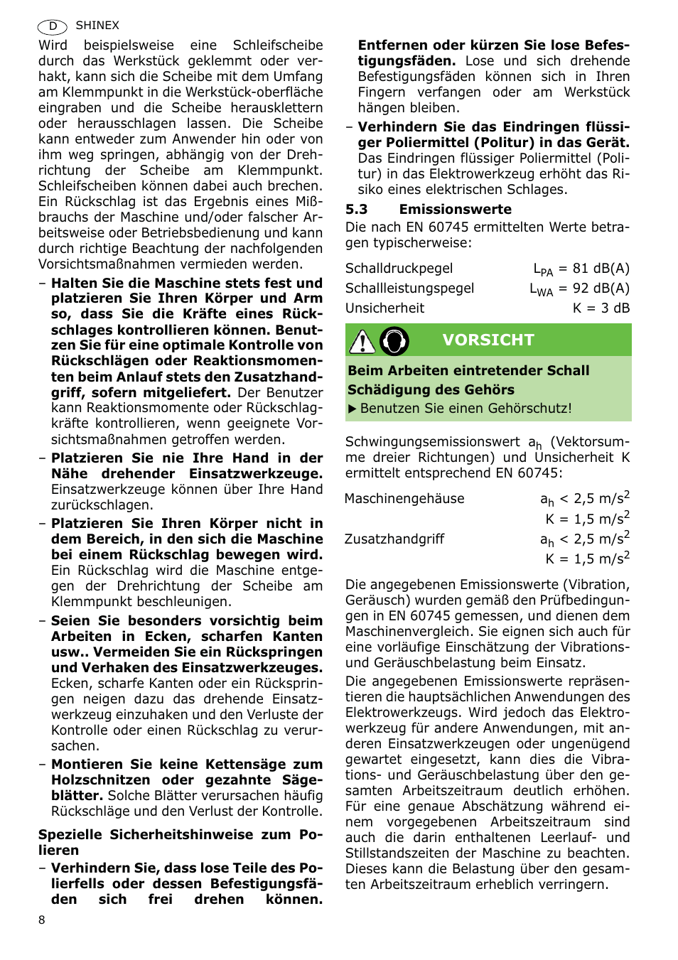 Vorsicht | Festool SHINEX RAP 150 FE User Manual | Page 8 / 85