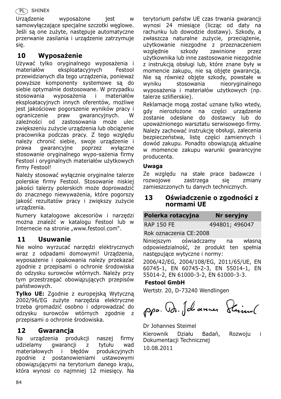 Festool SHINEX RAP 150 FE User Manual | Page 84 / 85