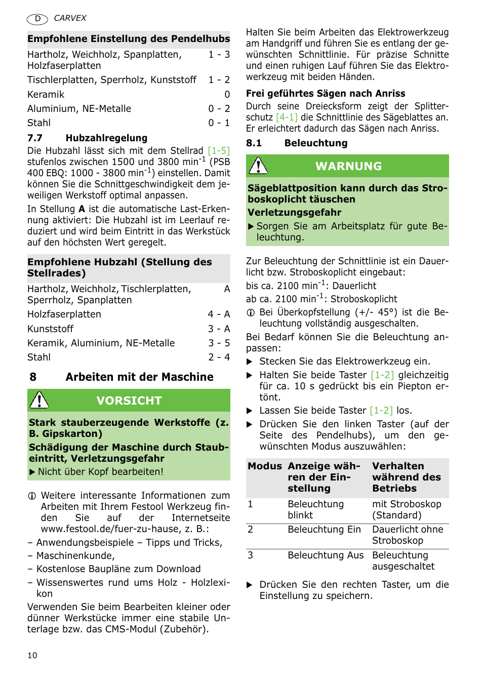 Festool PSB 400 EBQ CARVEX User Manual | Page 10 / 110