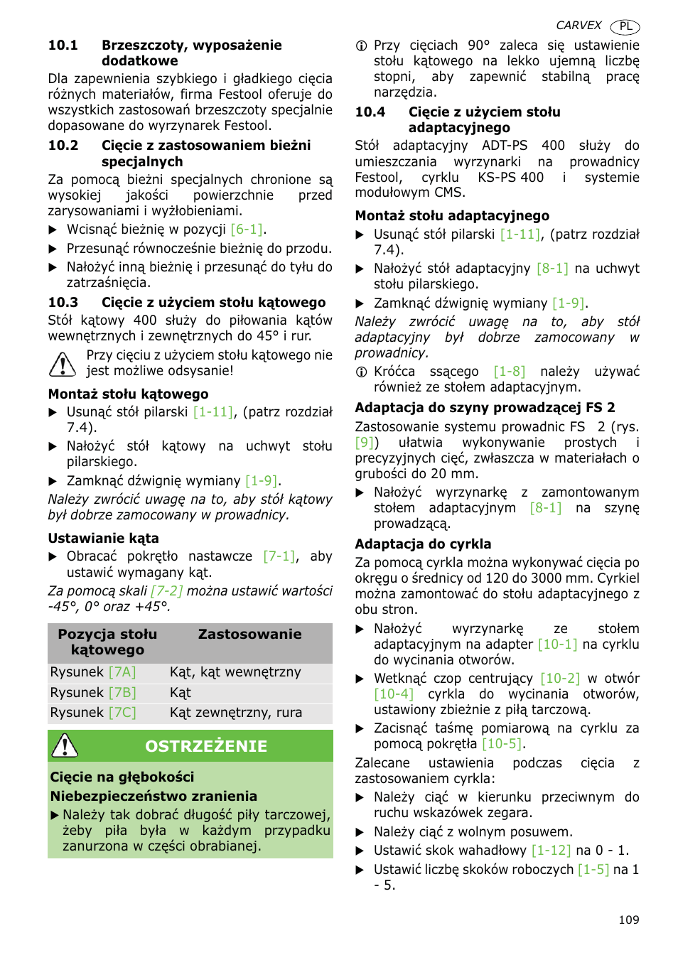 Ostrzeĩenie | Festool PSB 400 EBQ CARVEX User Manual | Page 109 / 110