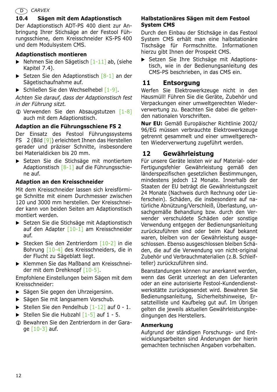 Festool PSB 400 EBQ CARVEX User Manual | Page 12 / 110