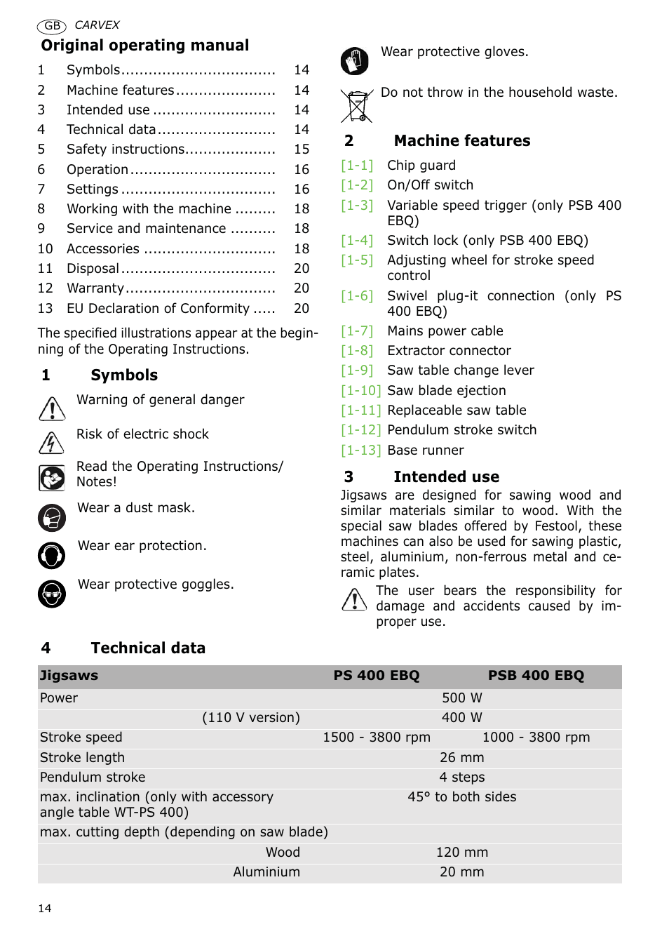 Festool PSB 400 EBQ CARVEX User Manual | Page 14 / 110