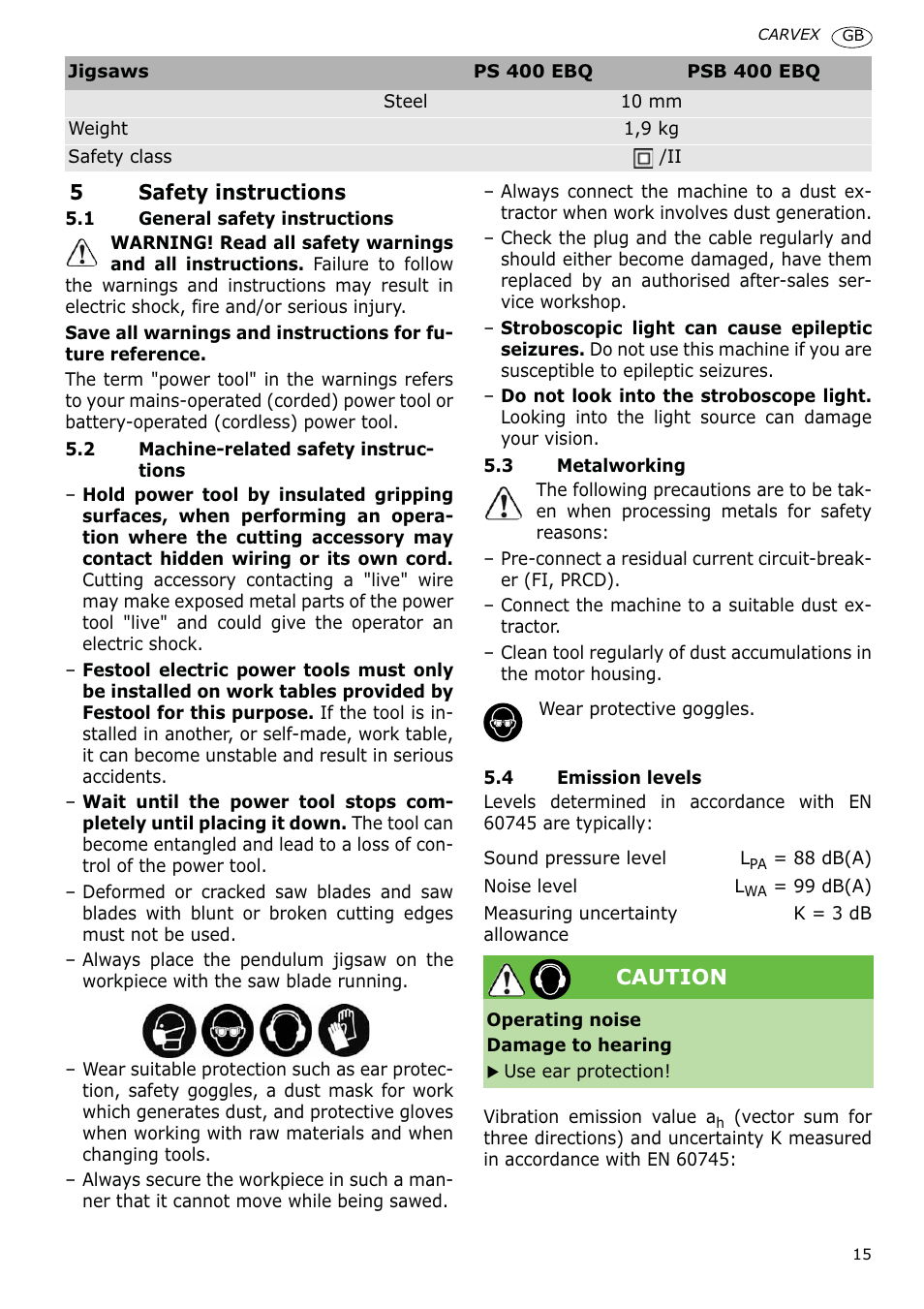 Festool PSB 400 EBQ CARVEX User Manual | Page 15 / 110