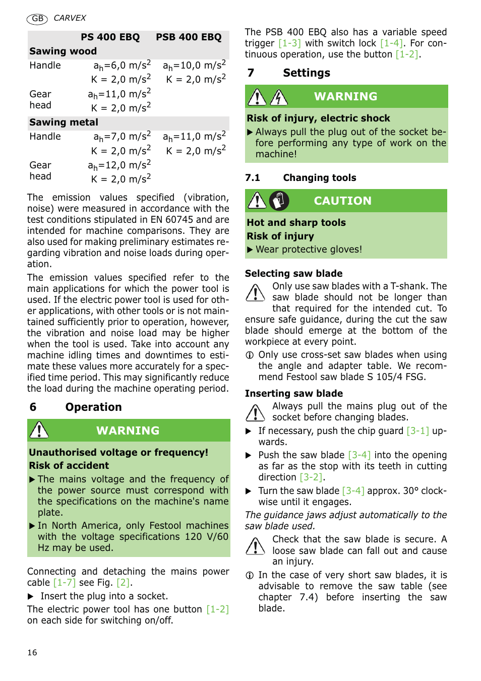 6operation, 7settings, Warning | Caution | Festool PSB 400 EBQ CARVEX User Manual | Page 16 / 110