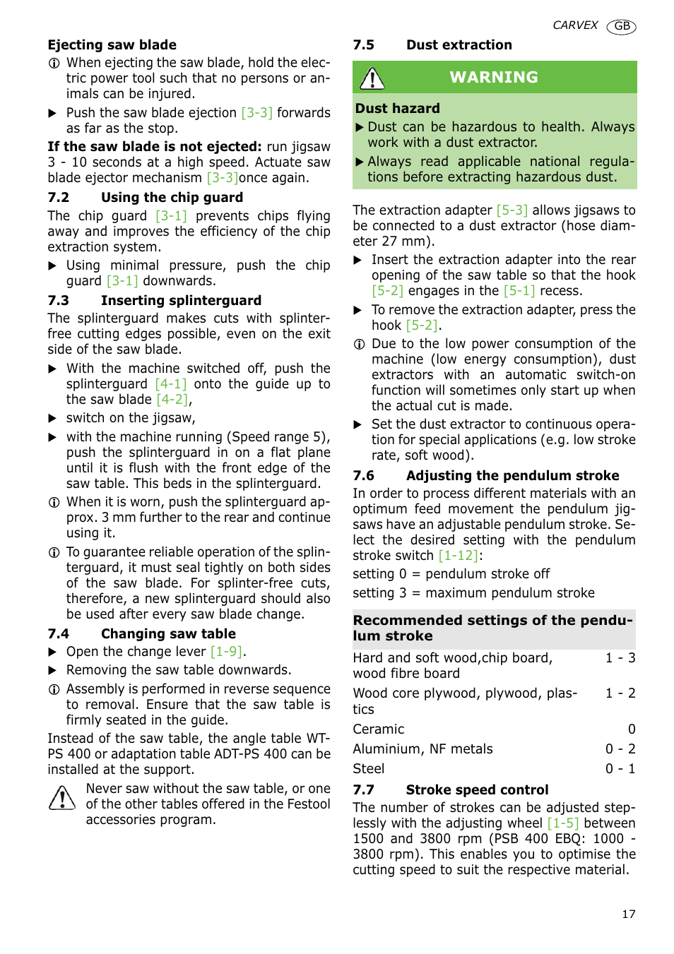 Festool PSB 400 EBQ CARVEX User Manual | Page 17 / 110