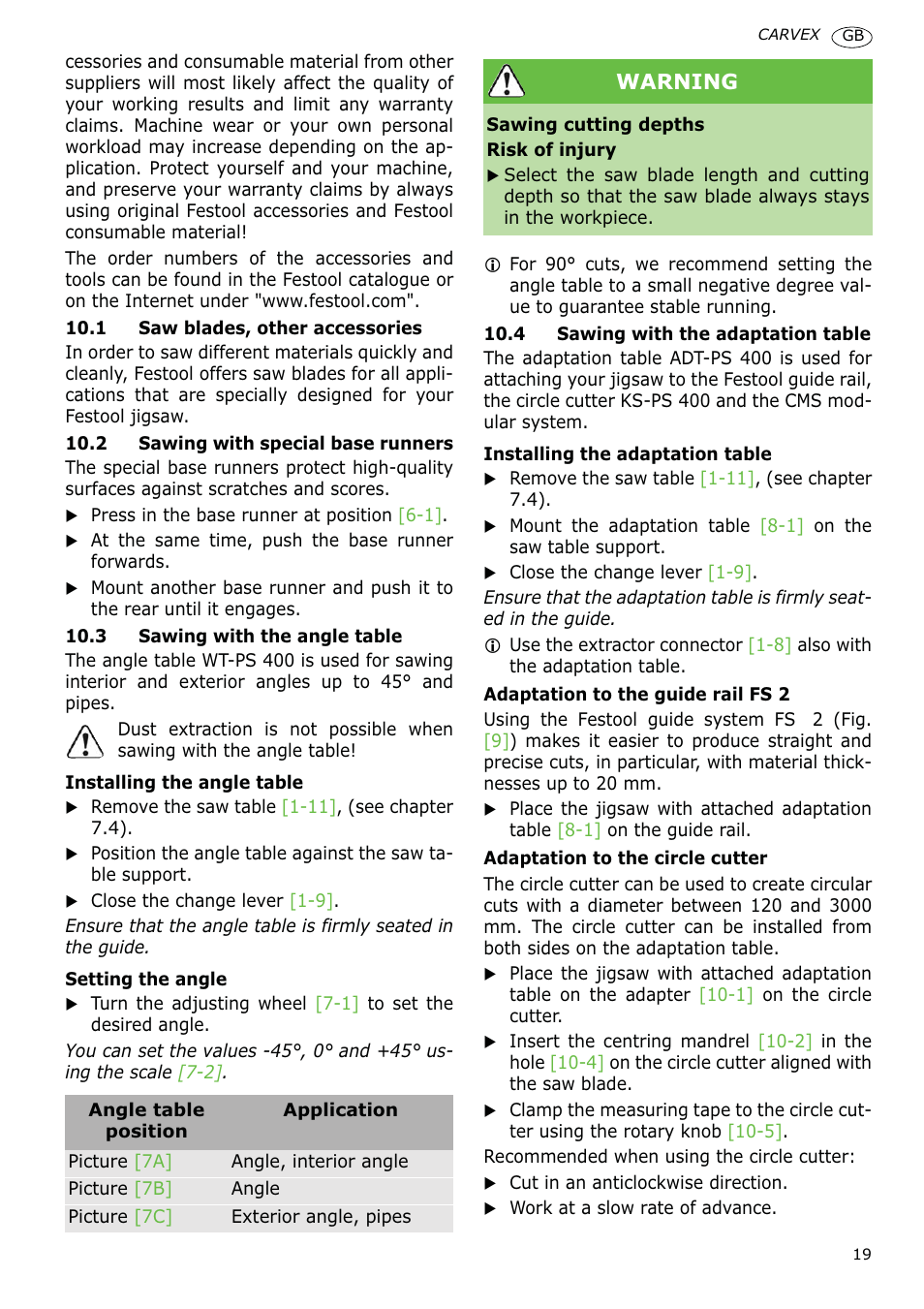 Warning | Festool PSB 400 EBQ CARVEX User Manual | Page 19 / 110