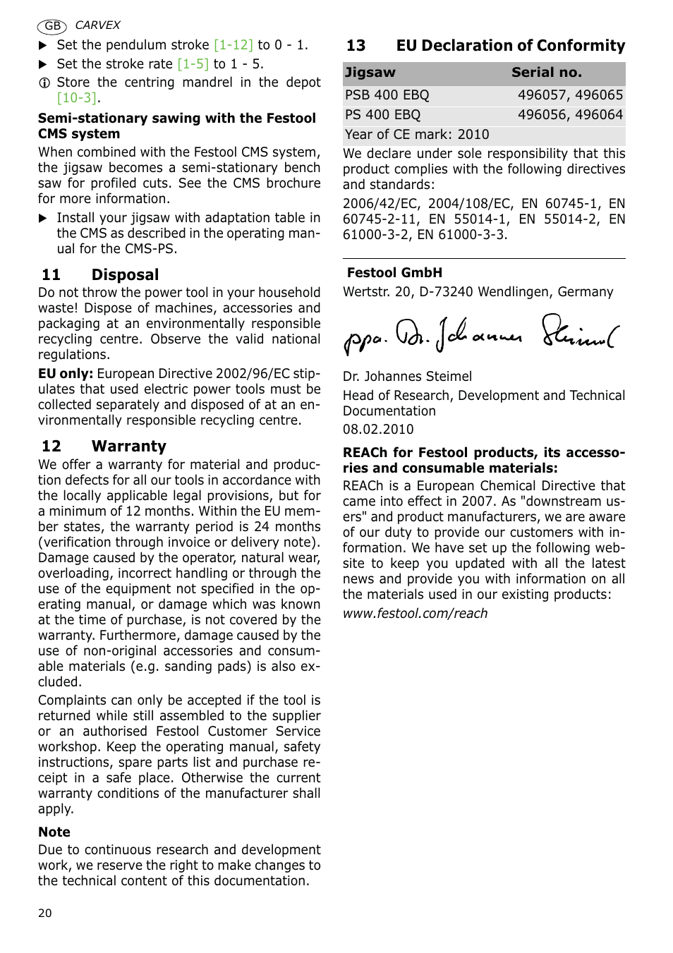 Festool PSB 400 EBQ CARVEX User Manual | Page 20 / 110