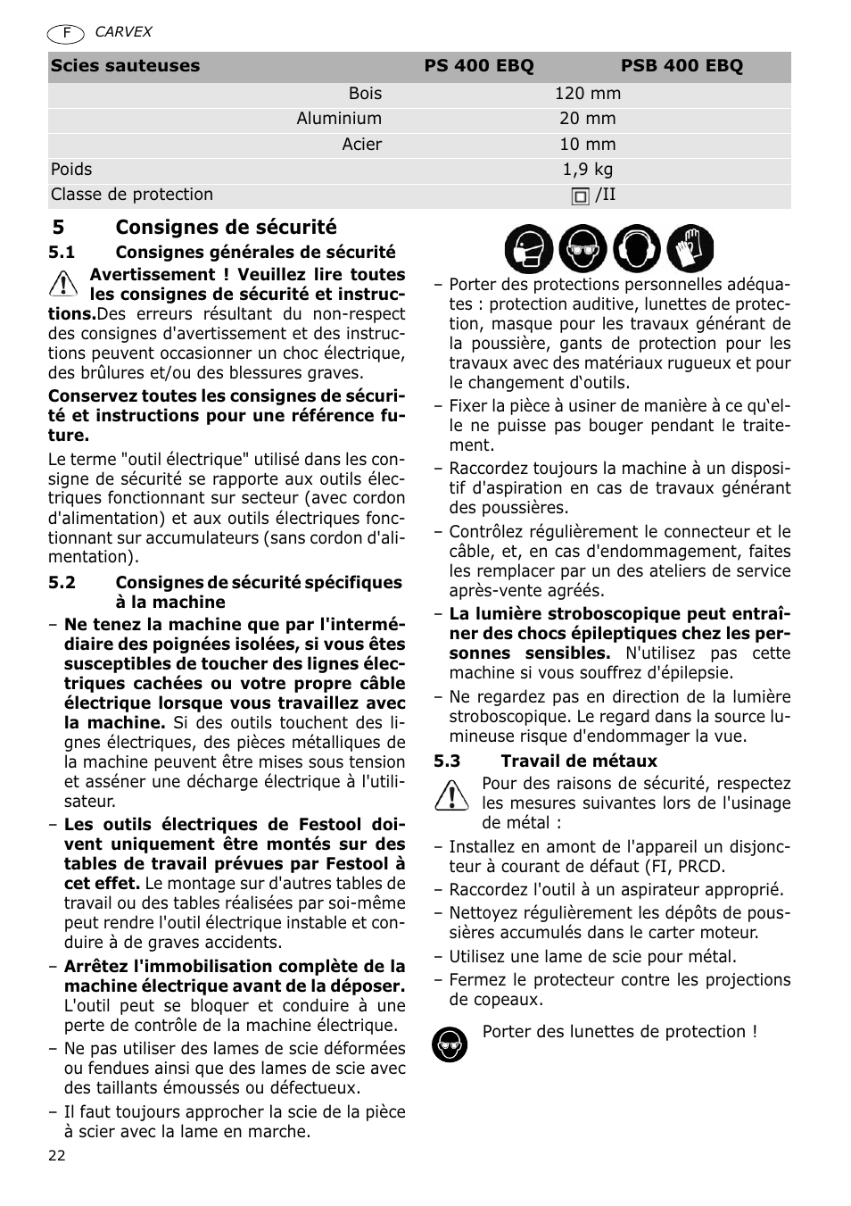 Festool PSB 400 EBQ CARVEX User Manual | Page 22 / 110