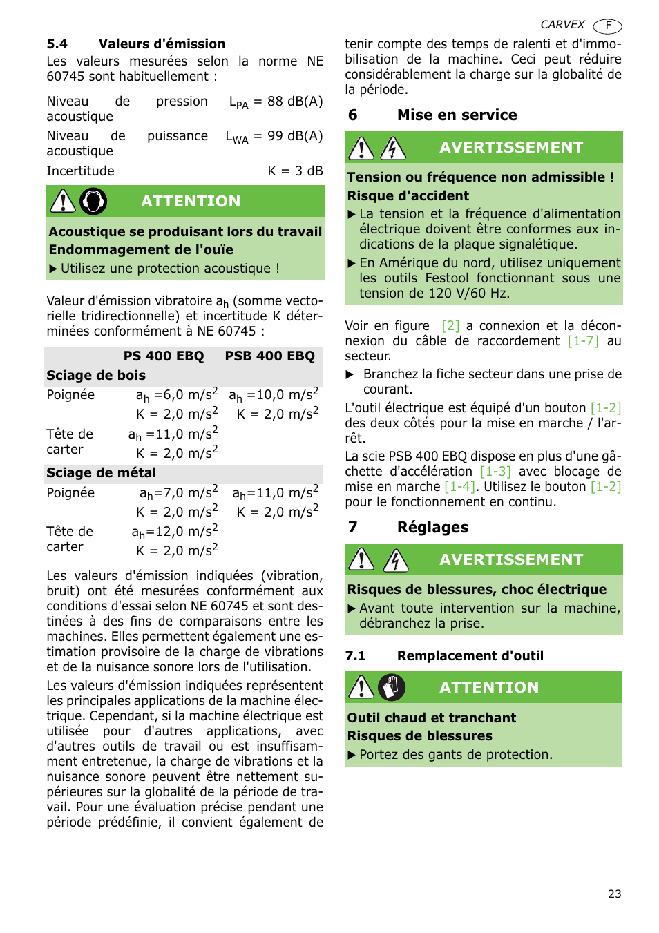 6mise en service, 7réglages, Attention | Avertissement | Festool PSB 400 EBQ CARVEX User Manual | Page 23 / 110