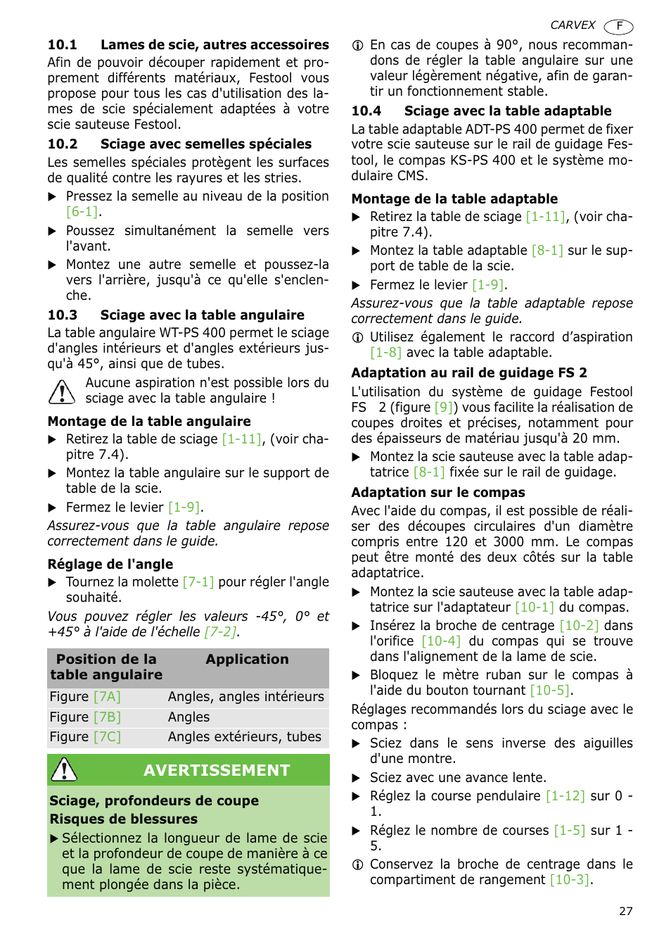 Avertissement | Festool PSB 400 EBQ CARVEX User Manual | Page 27 / 110