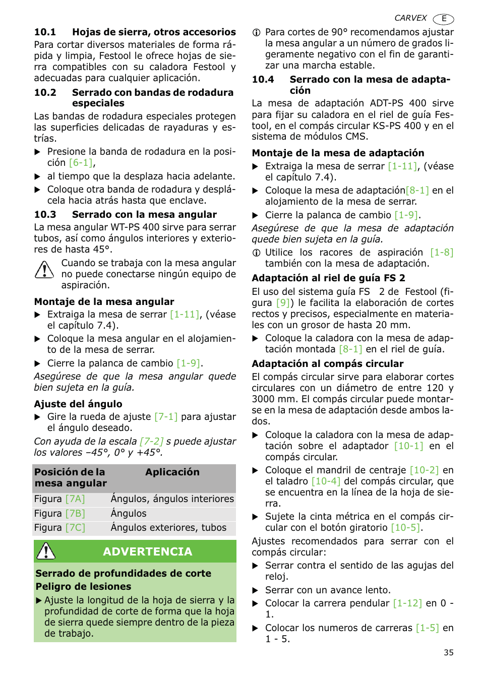 Advertencia | Festool PSB 400 EBQ CARVEX User Manual | Page 35 / 110