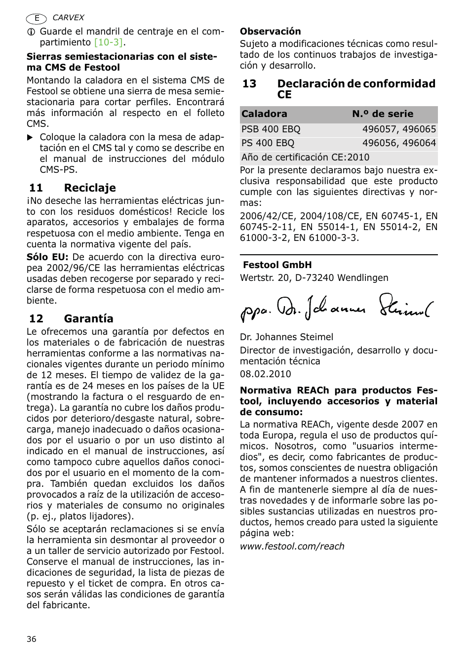 Festool PSB 400 EBQ CARVEX User Manual | Page 36 / 110
