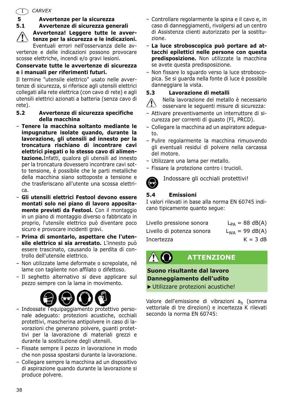 Attenzione | Festool PSB 400 EBQ CARVEX User Manual | Page 38 / 110