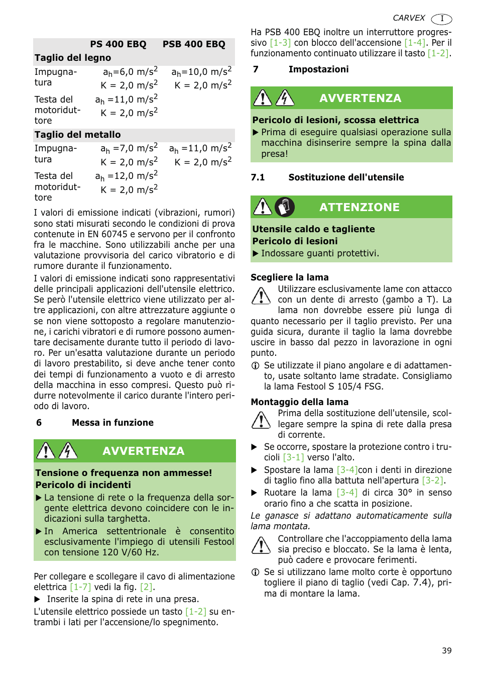 Avvertenza, Attenzione | Festool PSB 400 EBQ CARVEX User Manual | Page 39 / 110