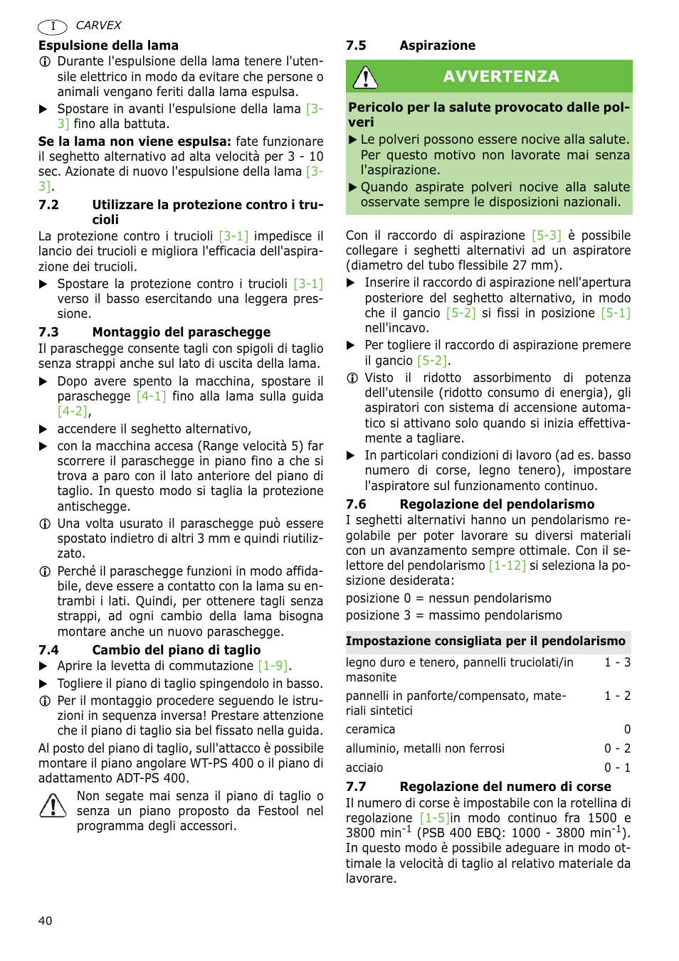 Avvertenza | Festool PSB 400 EBQ CARVEX User Manual | Page 40 / 110