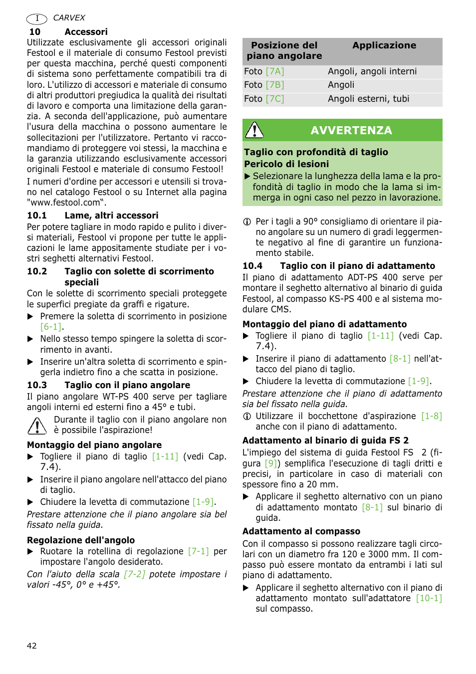 Avvertenza | Festool PSB 400 EBQ CARVEX User Manual | Page 42 / 110