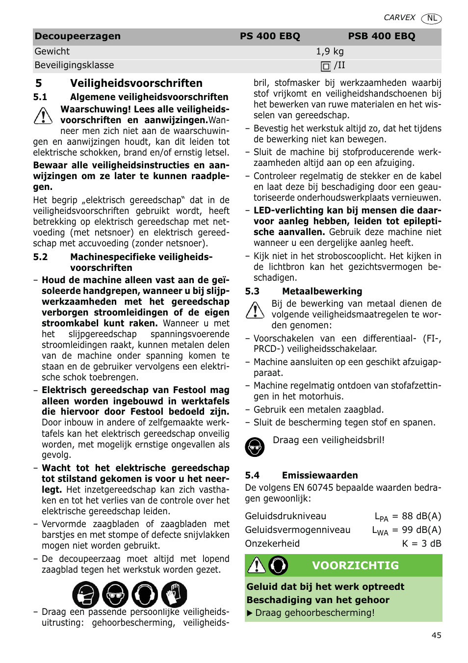 Festool PSB 400 EBQ CARVEX User Manual | Page 45 / 110