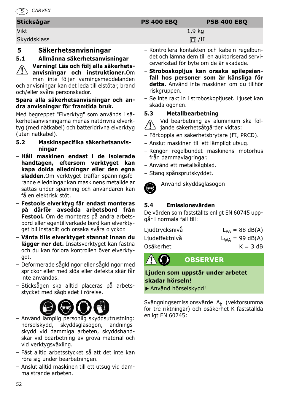 Festool PSB 400 EBQ CARVEX User Manual | Page 52 / 110