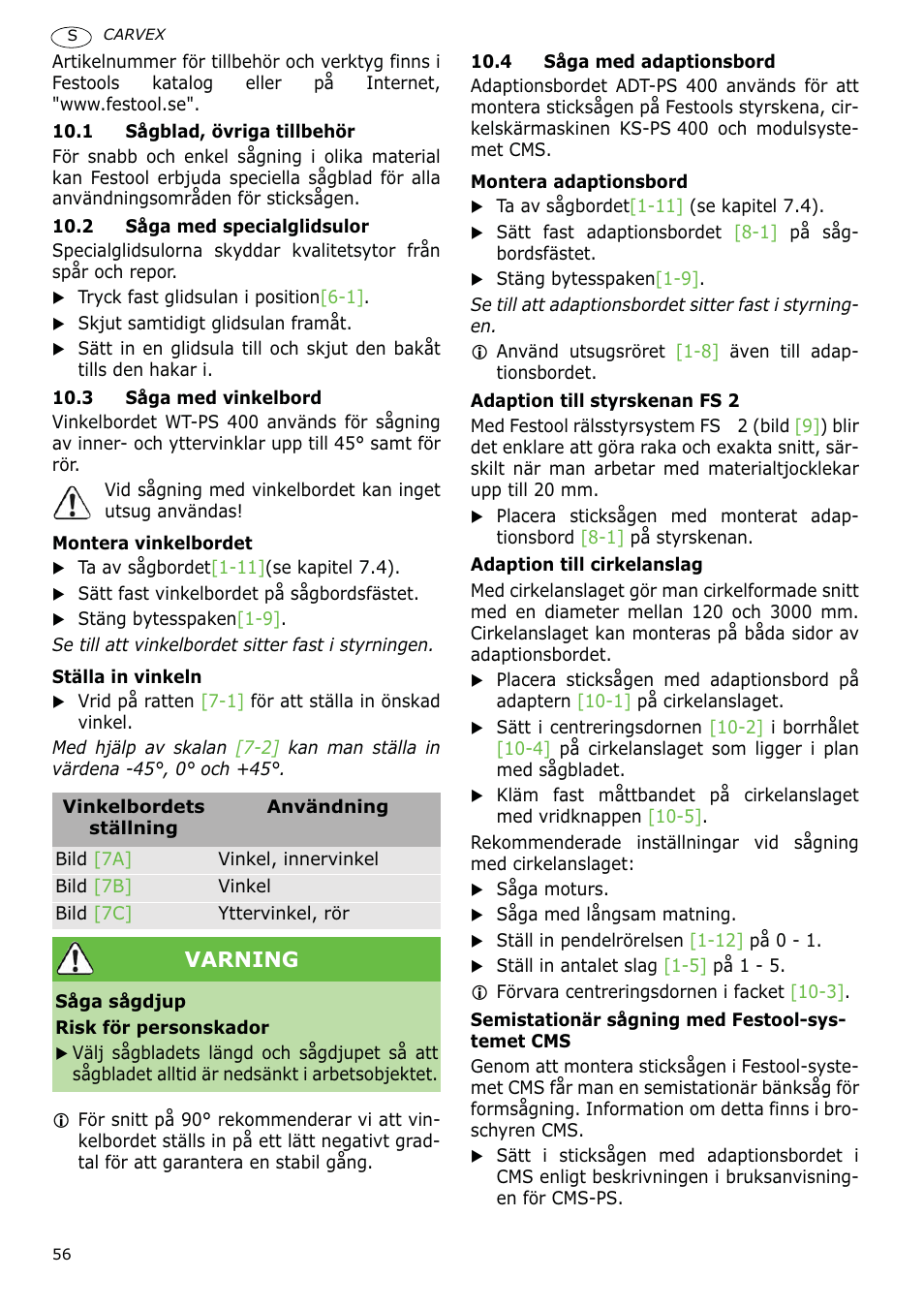 Varning | Festool PSB 400 EBQ CARVEX User Manual | Page 56 / 110