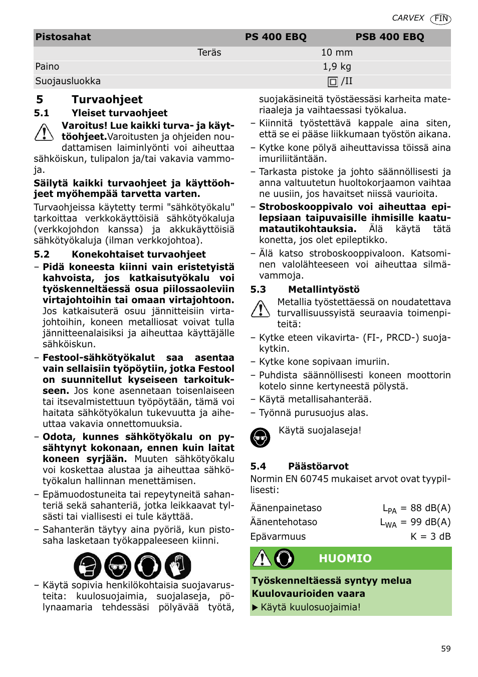 Festool PSB 400 EBQ CARVEX User Manual | Page 59 / 110