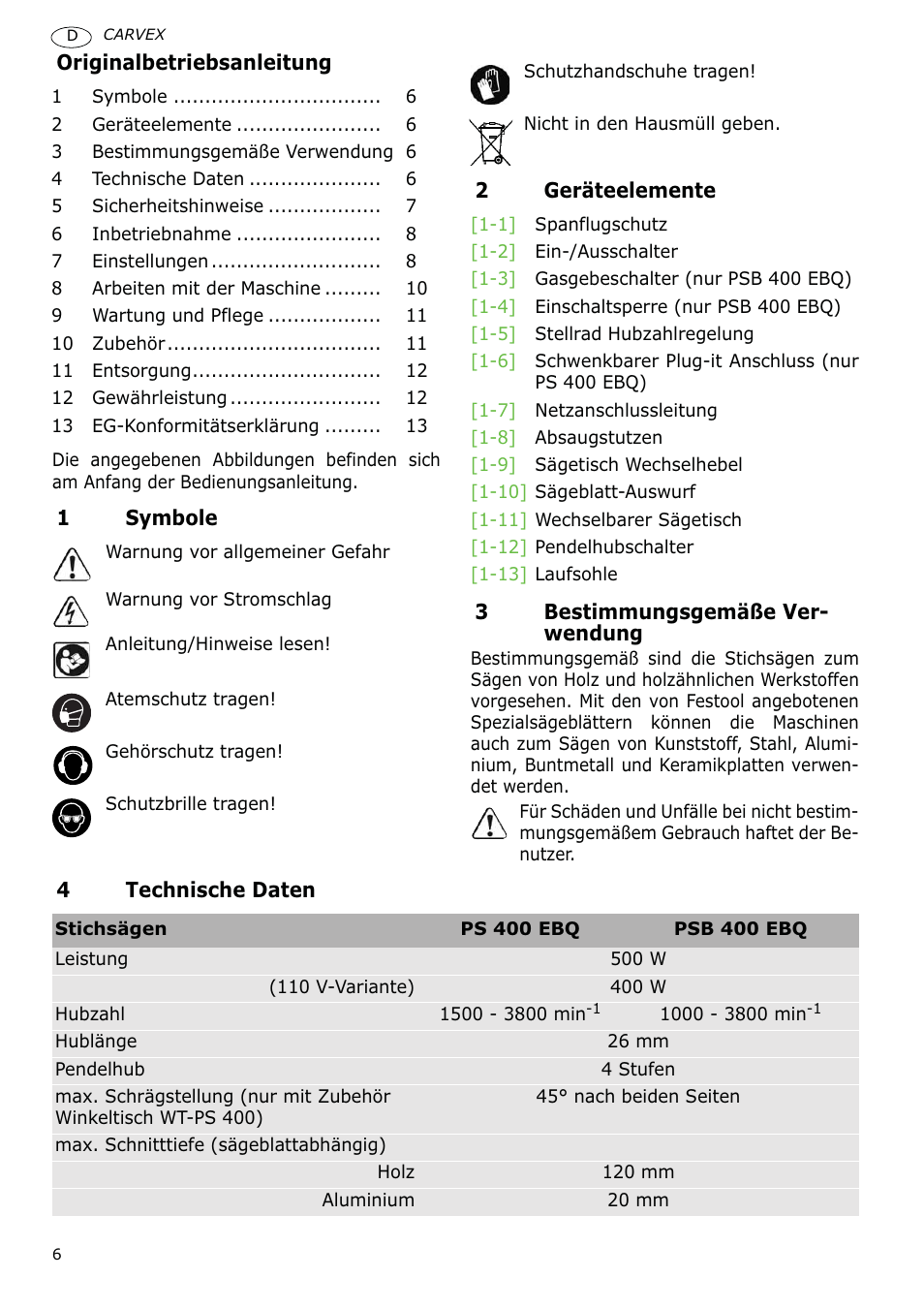 Festool PSB 400 EBQ CARVEX User Manual | Page 6 / 110